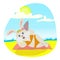 Cute cartoon Bunny resting on the beach in clear weather