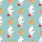 Cute cartoon bunny shopping. Seamless background.The rabbit stands next to the packages and winks. Vector