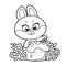 Cute cartoon bunny sprinkle sprinkles on Easter cake outlined for coloring page isolated on white