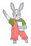 Cute cartoon bunny waving hand, rabbit wearing striped overalls with green t-shirt, holding papers
