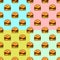 Cute cartoon burgers seamless pattern on color background. Flat design Illustration