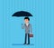 Cute Cartoon Businessman with Umbrella Standing Under the Rain. Vector flat-style illustration.