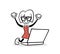 Cute cartoon businesswoman cheering at laptop