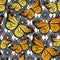 Cute cartoon Butterflies on doodle black and white geometrical line texture. Vector