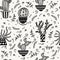 Cute cartoon cacti seamless vector pattern. Hand-drawn black doodle. Outline succulents. Thorny plants in pots. Botanical sketch.