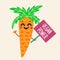 Cute cartoon carrot vector icon. Smiling orange vegetable with banner. Carrots with tops promotes proper vegetarian nutrition.