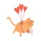 Cute cartoon cat flies on balloons in the shape of a heart and holds a bouquet of flowers in his paws. A simple adorable character