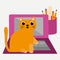 Cute cartoon cat and laptop vector illustration. Cheeky ginger feline character plays on keyboard and interrupts