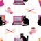 Cute cartoon cat and laptop vector seamless pattern background. Black feline interrupting business work flow. Hand drawn