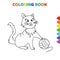 Cute cartoon cat with rope ball coloring book for kids. black and white vector illustration for coloring book. cat with rope ball
