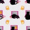 Cute cartoon cat sleeping on laptop vector seamless pattern background. Feline interrupting business office work. Hand