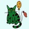 Cute cartoon cat vector icon. Green kitten with balloons. Grumpy cat celebrates birthday. Sad animal at the party. The pet is