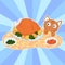 Cute cartoon cat want to eat the turkey on festive dinner, happy thanksgiving day greeting card