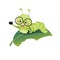 Cute cartoon caterpillar wearing glasses and showing his hand on the leaf