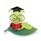 Cute cartoon caterpillar worm wearing graduation mortarboard hat and glasses reading a book on the leaf