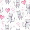 Cute cartoon cats with pink balloon heart shape and gift. Hand drawn abstract watercolor seamless pattern. Valentine`s day backgro