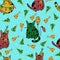 Cute cartoon cats seamless vector pattern. Grumpy kittens are celebrating their birthday. Animals in festive caps with garlands