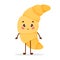 Cute cartoon character croissant standing single and smiling. Vector illustration isolated.