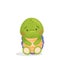 Cute cartoon character. A green turtle with a purple shell and a yellow belly, sits on the floor and smiles.