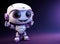 cute cartoon character happy robot points hand finger at copy space on an purple isolated background
