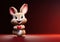 cute cartoon character hare Bunny rabbit with a heart in paws on a red background with copy space. Template for a