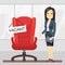 Cute cartoon character HR manager and empty boss chair. Employment, vacancy and hiring job vector concept