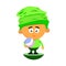 Cute cartoon character of a little boy in a big hat is holding a ball in his hand. Flat vector