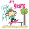 Cute cartoon character monkey skater. Vector print with cute lion on a skateboard. Can be used for t-shirt print, kids wear