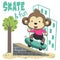 Cute cartoon character monkey skater. Vector print with cute monkey on a skateboard. Can be used for t-shirt print, kids wear