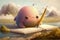 cute cartoon character with pencil, drawing dreamy and serene landscape