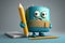 cute cartoon character with pencil and notebook, creating story or drawing