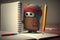 cute cartoon character with pencil and notebook, creating story or drawing