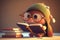 cute cartoon character reading book, with pencil behind its ear