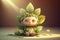 cute cartoon character, sitting in sunbeam, with leaf and flower accessories