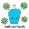 Cute cartoon character soap dispenser and virus Covid-19 coronavirus concept vector illustration