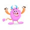 Cute cartoon cheerful pink monster. Big fluffed smiling face comic character with horns and tail. Halloween party symbol.