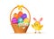 Cute cartoon chicken and basket. Funny yellow chickens with Bunny Hears, vector illustration