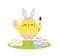 Cute cartoon chicken in bunny ears painting Easter eggs. Isolated clip art for Easter design and seasonal greetings