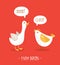 Cute cartoon chicken and goose on red background. Farm birds. Flat design. Vector