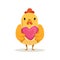 Cute cartoon chicken standing and holding pink heart colorful character vector Illustration