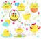 Cute cartoon chickens set. Easter chickens in eggs anf flowers, singing, painting and having fun. Isolated clip art for Easter des