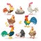 Cute cartoon chickens set. Roosters and hens in different poses. Little chicks. Farm birds and animals collection. Vector illustra