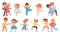 Cute cartoon children boys and girls dancing in couples. Kindergarten kids dance waltz, jump and have fun. Happy child