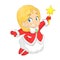 Cute cartoon Christmas angel character flying and holding star. Vector illustration of happy winter blond fairy