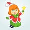 Cute cartoon Christmas angel character flying and holding star. Vector illustration of happy winter blond fairy outlined.