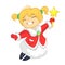 Cute cartoon Christmas angel character flying and holding star. Vector illustration of happy winter blond fairy outlined.