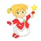 Cute cartoon Christmas angel character flying and holding star. Vector illustration of happy winter blond fairy outlined.