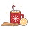 Cute cartoon christmas hot cocoa mug vector illustration with cinnamon, orange slice and marshmallows