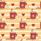 Cute cartoon christmas hot cocoa mug vector illustration with cinnamon, orange slice and marshmallows seamless vector pattern bac