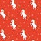 Cute cartoon christmas seamless vector pattern background illustration with unicorn with santa hat and snowflakes